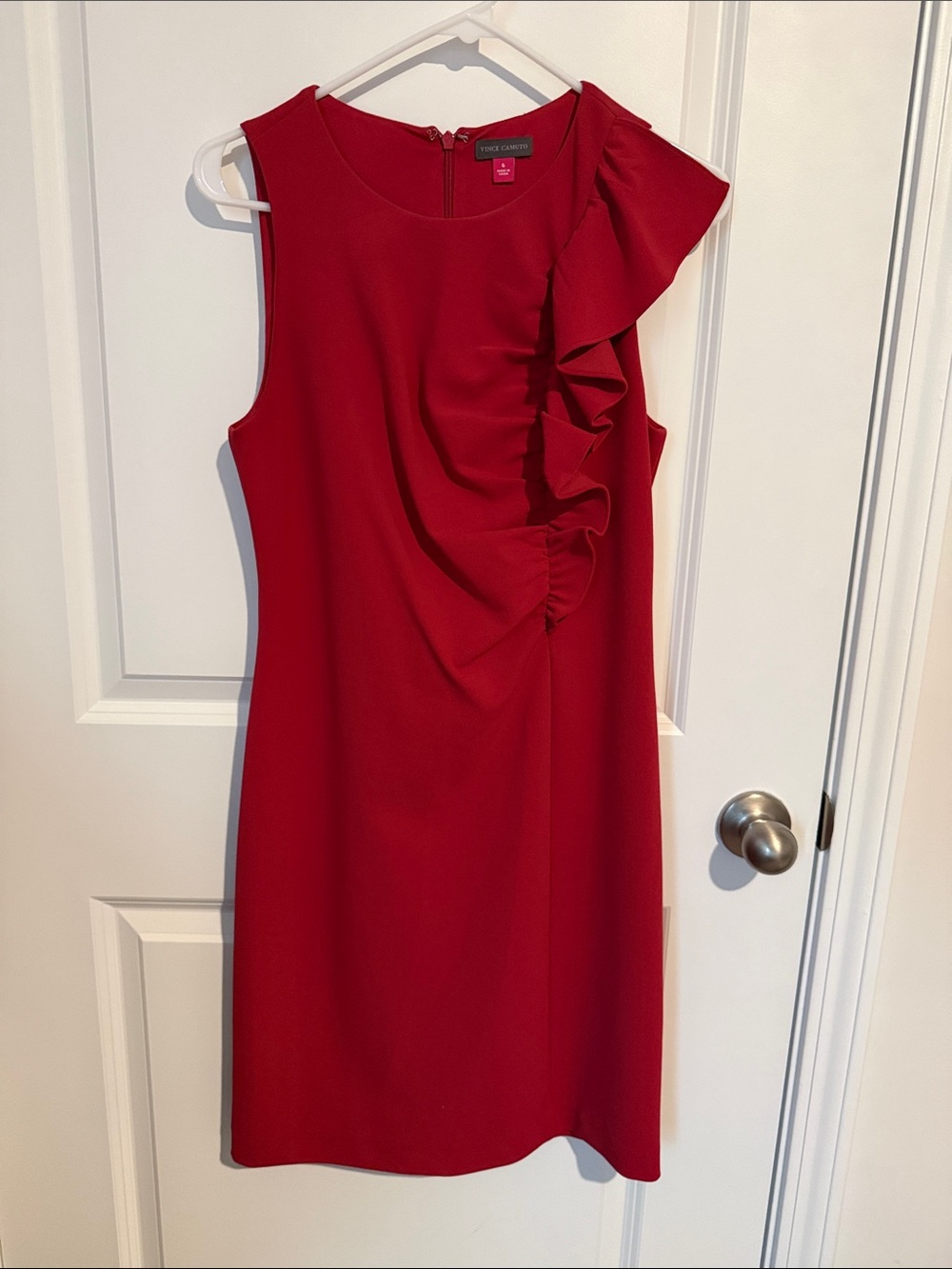 Vince Camuto Crimson Sleeveless Ruffle Sheath Dress